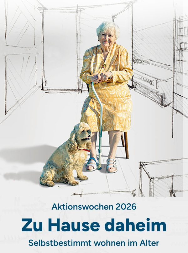 Poster für Aktionswoche: Zuhause daheim mit alter Frau auf Hocker mit Gehstock. Zu ihren Füssen sitzt ein heller Hund